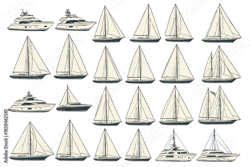 Different types of boats shown in various positions and styles, suitable for sailing or leisure activities on the water
