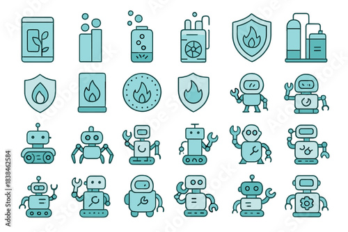 Different types of robots and technology icons arranged in a grid pattern showing various functions and features in a simple design