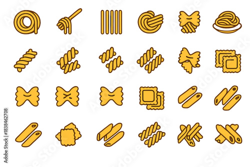 Collection of different types of pasta shapes arranged in a grid on a plain background for culinary reference and design inspiration