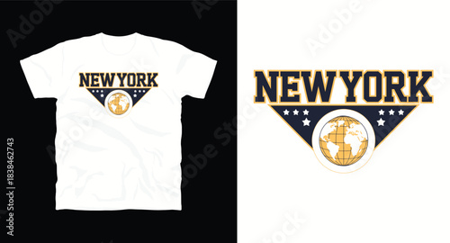 New York vintage style t-shirt design with stars and globe emblem on white background