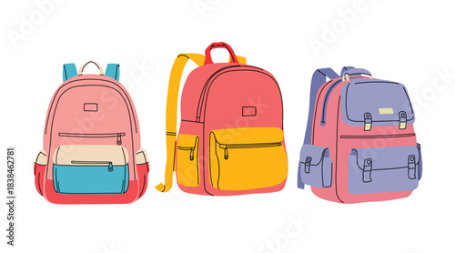 Stylish girly school backpacks set in trendy flat modern design. Cute vector  education theme collection. Vector illustrations.