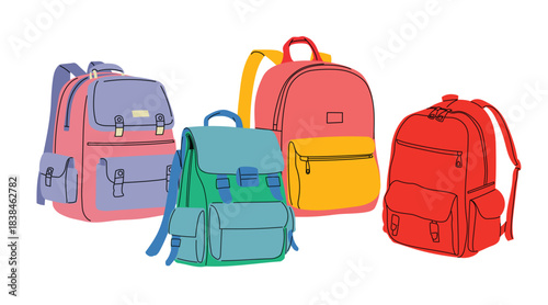 Stylish sort of school backpacks set in trendy flat modern design. Cute vector  education theme collection. Vector illustrations.