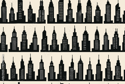 City skyline design with various building shapes in a repeating pattern on a light background