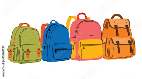 Stylish sort of school backpacks set in trendy flat modern design. Cute vector  education theme collection. Vector illustrations.