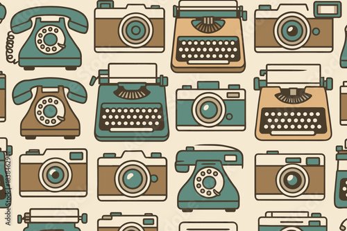 Pattern of vintage cameras and phones on a light background displayed in a repeating design suitable for various uses