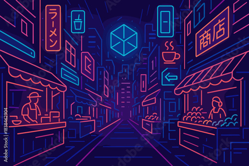 Vibrant market street scene at night with food stalls and neon signs in a busy city