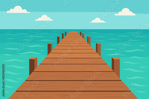 Wooden dock stretches into clear blue water under a bright sky with clouds