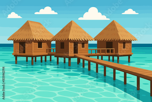 Wooden huts on stilts by the water with a clear blue sky and few clouds in the distance