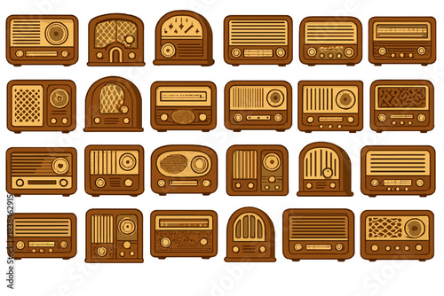 Collection of vintage radio designs arranged in a grid format showcasing different shapes and details
