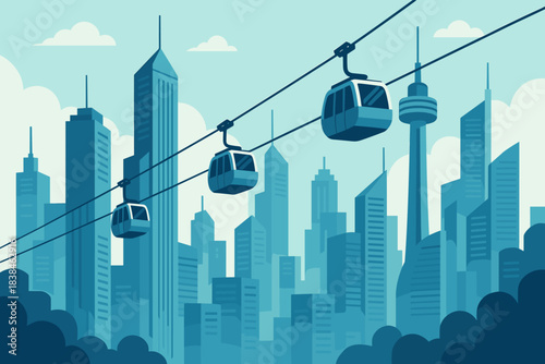 Sky gondolas move over a city skyline with tall buildings and a tower in the distance on a clear day