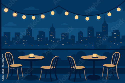 City skyline view at night with empty tables and string lights