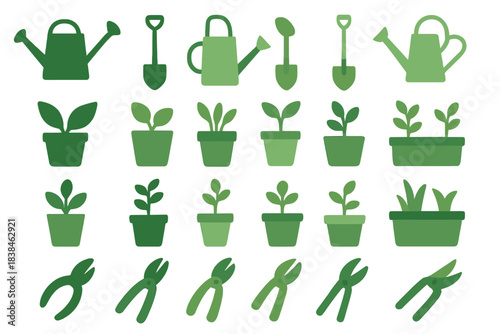 Garden tools and plants arranged in a grid with various colors of green and different plant shapes