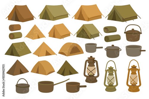 Camping gear with tents, cooking pots, and lanterns arranged in neat rows for outdoor adventures and activities in nature settings