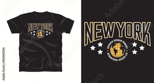 New york authentic premium product international division ltd t-shirt design with globe and stars graphic