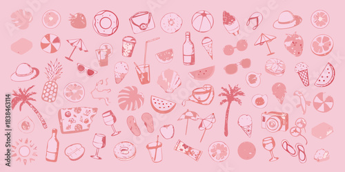 A collection of summer themed doodles in a pale pink hand drawn style