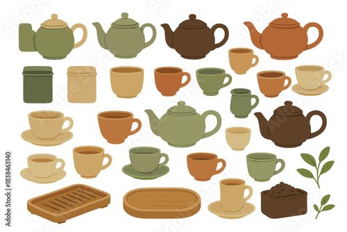 Various teapots, cups, and serving items displayed on a flat surface in different colors and styles showcasing tea culture