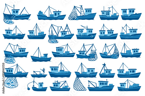 Collection of fishing boats in various styles and designs, illustrated in shades of blue