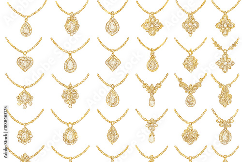 Different necklace designs with gold chains and various shapes and gems displayed together in a clear layout