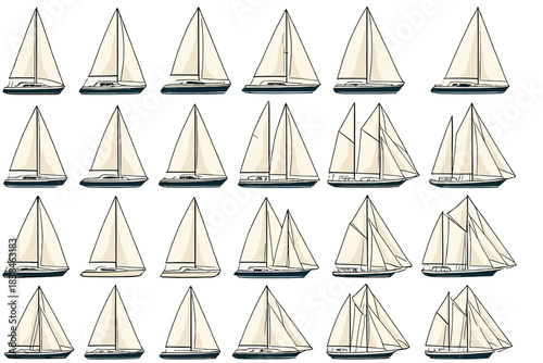 Several sailing boats with white sails arranged in different positions on a plain background