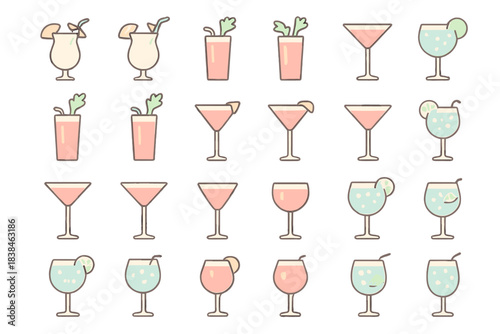 Different types of drinks in various glasses shown on a simple background