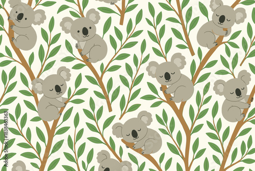 Cute koalas climb branches in a playful design with leaves and nature elements displayed