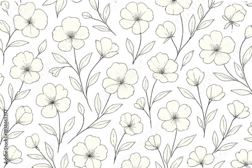Floral pattern design featuring hand-drawn flowers and leaves on a white background in a repeating layout