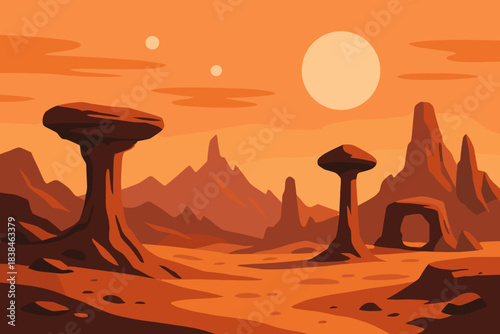 Landscape with rock formations under a sun and two moons on a distant planet at sunset