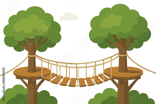 Wooden bridge connects two trees in a forest area during daytime with clouds in the sky