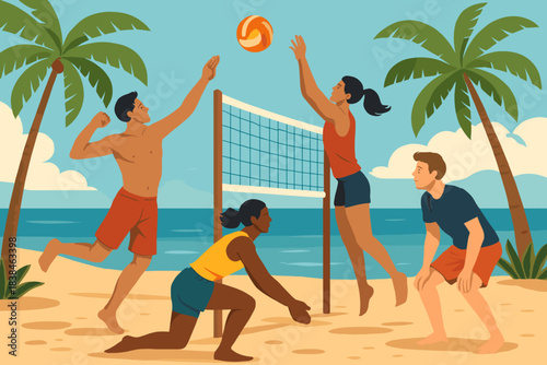 Friends play volleyball on a sunny beach near palm trees with ocean waves in the background during the afternoon