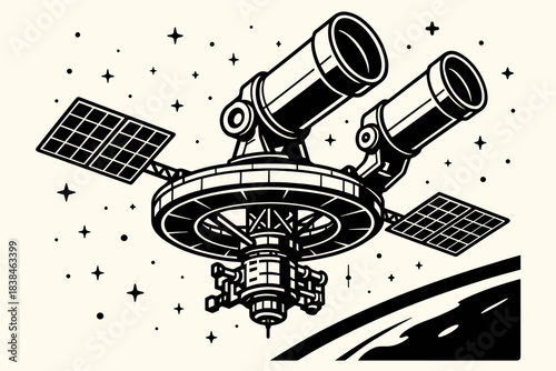 Space observatory with twin telescopes and solar panels in a starry sky over a planet