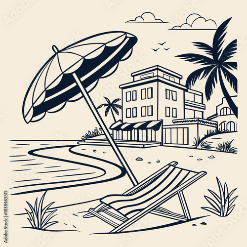 Hand drawn beach shears with umbrella. Doodle vector vintage sunbed illustration. Pool, hotel resort, lounge outdoor furniture. Sun shadow seat with parasol. Sea vacation design element