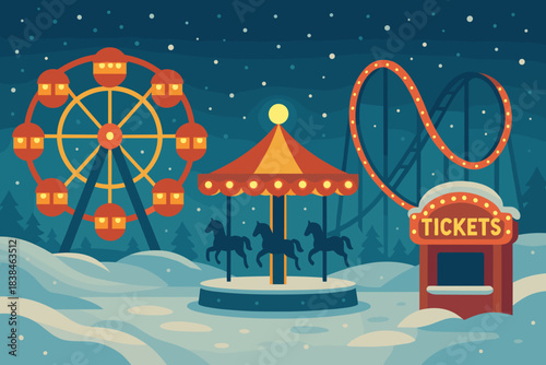 Winter carnival scene with a carousel, ferris wheel, and roller coaster in a snowy landscape during night