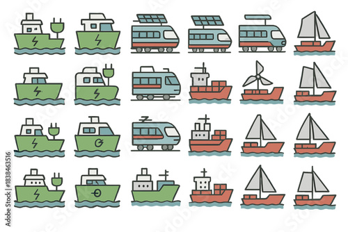 Various types of vessels and vehicles on water and land with energy symbols displayed