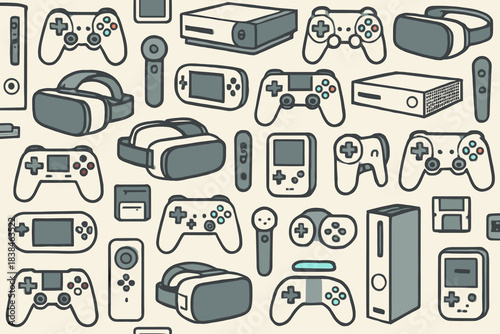 Collection of gaming devices and controllers displayed in a pattern on a light background