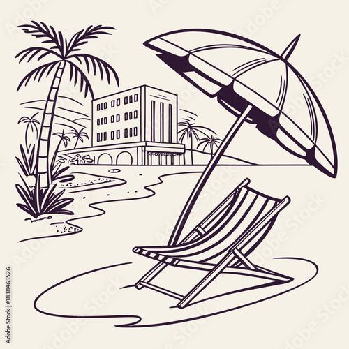 Hand drawn beach shears with umbrella. Doodle vector vintage sunbed illustration. Pool, hotel resort, lounge outdoor furniture. Sun shadow seat with parasol. Sea vacation design element