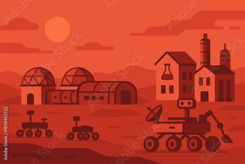 Rovers exploring a Mars-like landscape with domes and buildings under a red sun during the evening hours