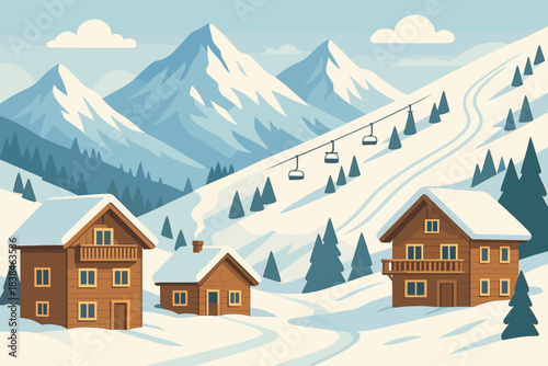 Snowy mountains with ski lifts and wooden cabins in a winter landscape during the day