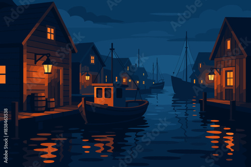 Nighttime scene with boats and houses along the water in a small fishing village