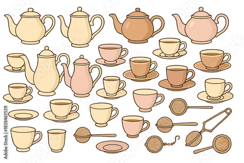 Different types of tea sets with teapots, cups, and tea strainers on a plain background