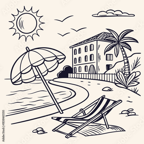 Hand drawn beach shears with umbrella. Doodle vector vintage sunbed illustration. Pool, hotel resort, lounge outdoor furniture. Sun shadow seat with parasol. Sea vacation design element