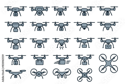 Different types of drones arranged in a grid showing various designs and features for different uses