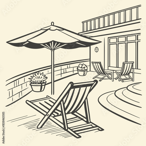 Hand drawn beach shears with umbrella. Doodle vector vintage sunbed illustration. Pool, hotel resort, lounge outdoor furniture. Sun shadow seat with parasol. Sea vacation design element