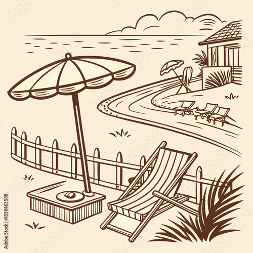 Hand drawn beach shears with umbrella. Doodle vector vintage sunbed illustration. Pool, hotel resort, lounge outdoor furniture. Sun shadow seat with parasol. Sea vacation design element