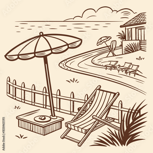 Hand drawn beach shears with umbrella. Doodle vector vintage sunbed illustration. Pool, hotel resort, lounge outdoor furniture. Sun shadow seat with parasol. Sea vacation design element