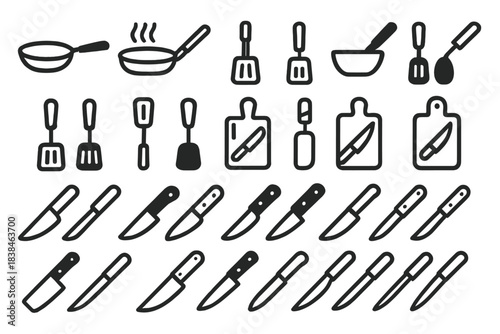 Collection of kitchen tools and utensils arranged in patterns on a white background for cooking and food preparation tasks