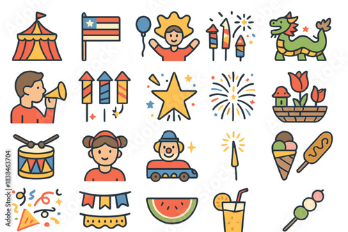 Colorful icons of a summer festival with elements like fireworks, food, and activities for gatherings