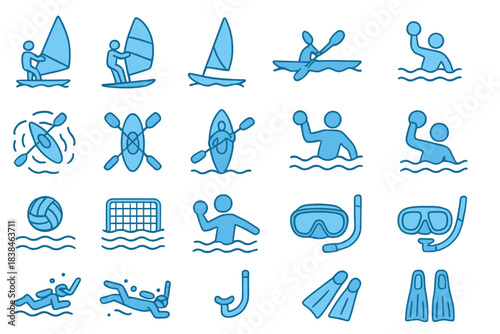 Water sports activities including windsurfing, kayaking, swimming, and water polo during a sunny day