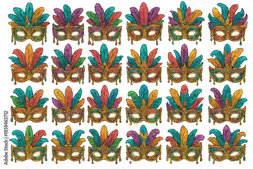 Colorful feather masks arranged in a patterned layout for a festive celebration or event