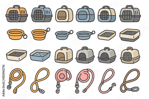 Different types of pet carriers and leashes available for animals in various styles and designs in a simple arrangement