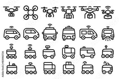 Different types of delivery vehicles and drones used for transportation in urban areas and logistics operations